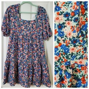 BCBG Paris Tie Back Chiffon Babydoll Mini Dress Floral Puff Shoulder Siz…